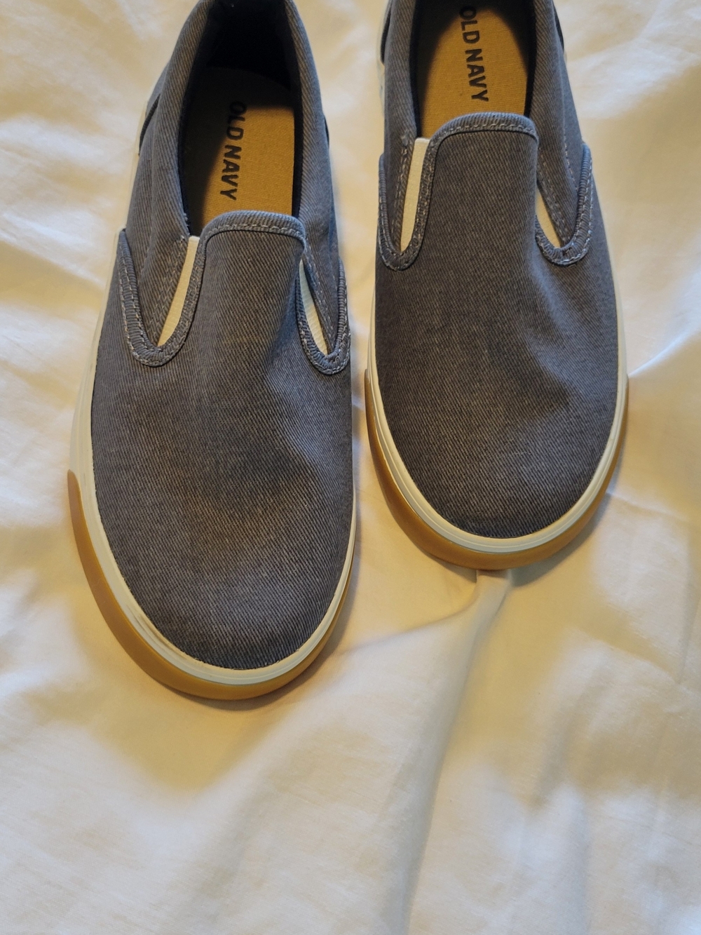 Old Navy Gray Slip-On Kids Sneakers with White Soles and Tan Toe Caps